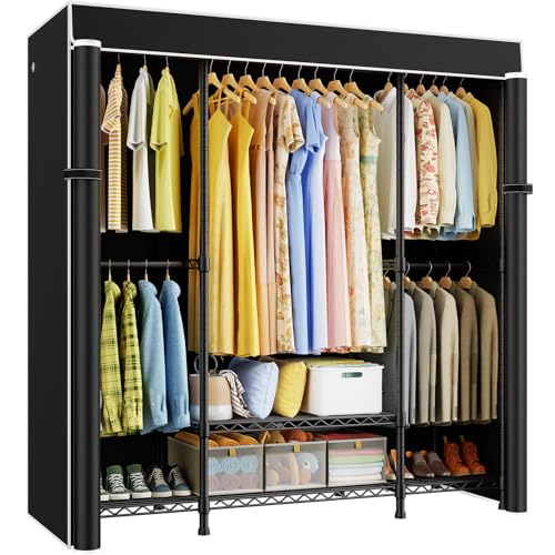 E3C Heavy Duty Portable Closet Wardrobe with Black Fabric Cover | Freestanding Metal Closet System Storage Organizer for Clothing, Clothing Rack Holds up to 850 lbs, 59.5"W x 16.5"D x 77.4"H - color: Black Rack with Black Cover