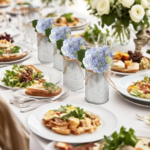 6" High Rustic Metal Mason Jar Vase Centerpiece for Table, Silver, 6 pcs | Leakproof, Galvanized metal, With twine bow, for wedding / parties / home/ office, For fresh & fake flowers, Utensil holder‌ - color: Silver