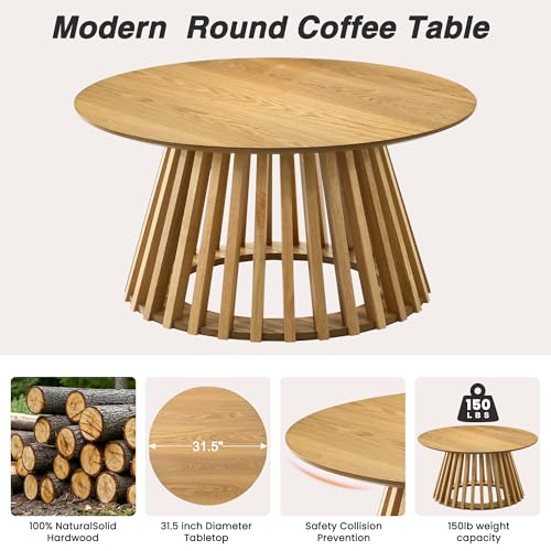 HNY Natural Round Coffee Table, Wood 31.5" Center Table for Living Room | Modern Mid Century Circle Coffee Table with Fluted Base for Outdoor Patio, Home Small Space, Bedroom, Apartment, Studio - color: Natural