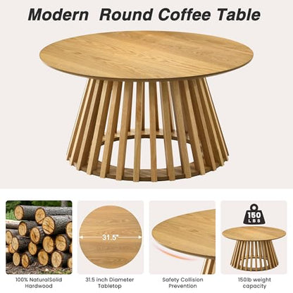 HNY Natural Round Coffee Table, Wood 31.5" Center Table for Living Room | Modern Mid Century Circle Coffee Table with Fluted Base for Outdoor Patio, Home Small Space, Bedroom, Apartment, Studio - color: Natural
