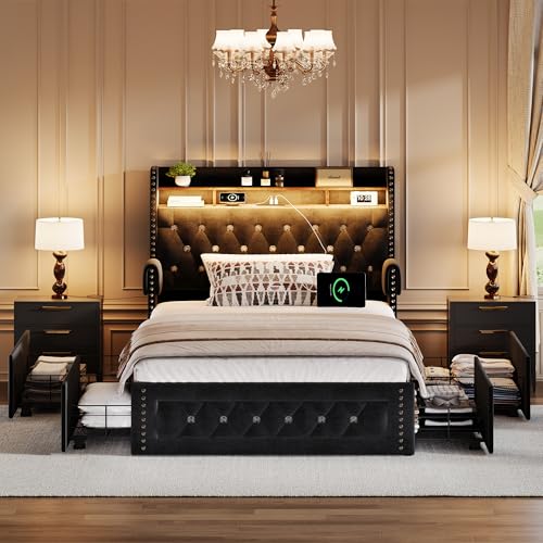 Ailisite Twin Size Bed Frame with 4 Storage Drawers and RGB Led Lights,Velvet Upholstered Platform Bed with Charging Station and Bookcase Storage Headboard, with Crystal and Rivet Deco, Black - color: Black, size: Twin