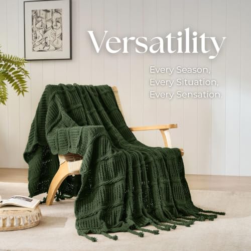Boho Knitted Chenille Blanket with Tassels - Lightweight & Soft All-Season Throw - 3D Classic Pattern for Living Room Bedroom Couch, Imperial Green, King 90"x108" - color: Imperial Green, size: King