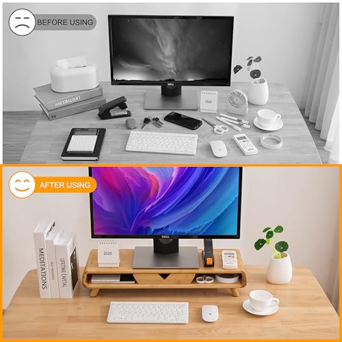 Homerays Bamboo Monitor Stand Riser, No Assembly Required Exquisite Monitor Stand with Drawer Ergonomic Height Wood Monitor Stand - color: BAMBOO