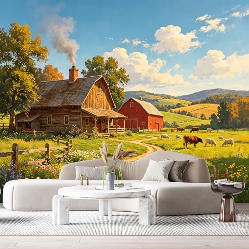 Custom Size Wall Murals Country Farm Landscape Oil Painting Barn Meadow Cows Sheep Pasture Farmhouse Style SelfAdhesive Wall Fabric Removable Large Wallpaper for Living Room