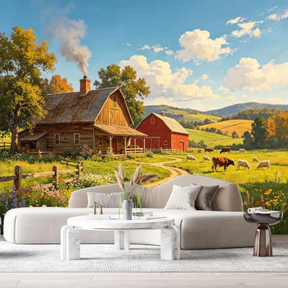 Custom Size Wall Murals Country Farm Landscape Oil Painting Barn Meadow Cows Sheep Pasture Farmhouse Style SelfAdhesive Wall Fabric Removable Large Wallpaper for Living Room