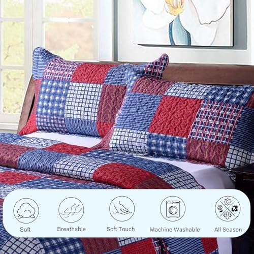 Ycosy Plaid Quilt Set King Size Country Patchwork Bedding Set Lightweight Reversible Bedspread Coverlet Set Red Blue Pliad Quilts Soft Home Collections with 2 Pillow Shams - color: Red Plaid Quilt, size: King