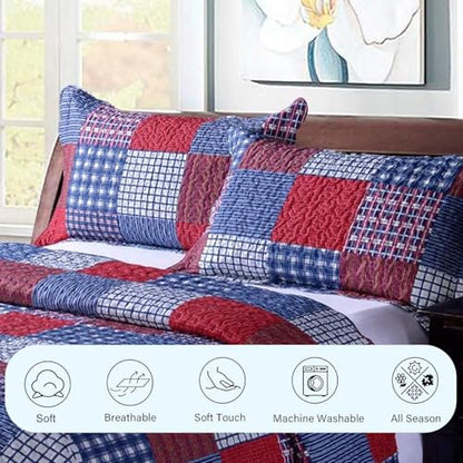 Ycosy Plaid Quilt Set Queen Size Country Patchwork Bedding Set Lightweight Reversible Bedspread Coverlet Set Red Blue Pliad Quilts Soft Home Collections with 2 Pillow Shams - color: Red Plaid Quilt, size: Full/Queen