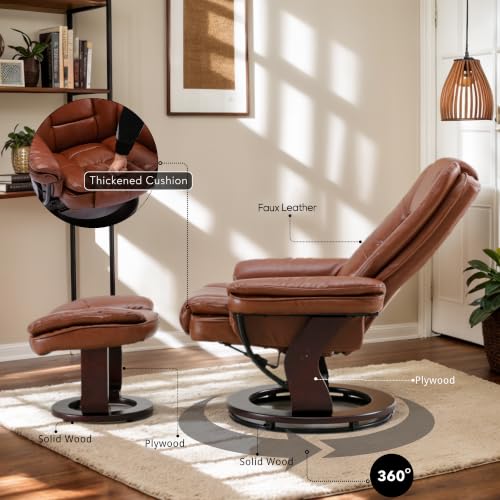 Swivel Recliner Chair with Ottoman Reclining Lounge Sofa Footrest, Set of 1 | 360°Sturdy Wood Base, Soft Faux Leather, Upholstered Ultra-Plush Foam, Modern Armchair, Living Room Bedroom Office Reading - color: Brown, size: Set of 1