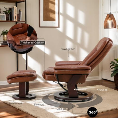 Swivel Recliner Chair with Ottoman Reclining Lounge Sofa Footrest, Set of 1 | 360°Sturdy Wood Base, Soft Faux Leather, Upholstered Ultra-Plush Foam, Modern Armchair, Living Room Bedroom Office Reading - color: Brown, size: Set of 1