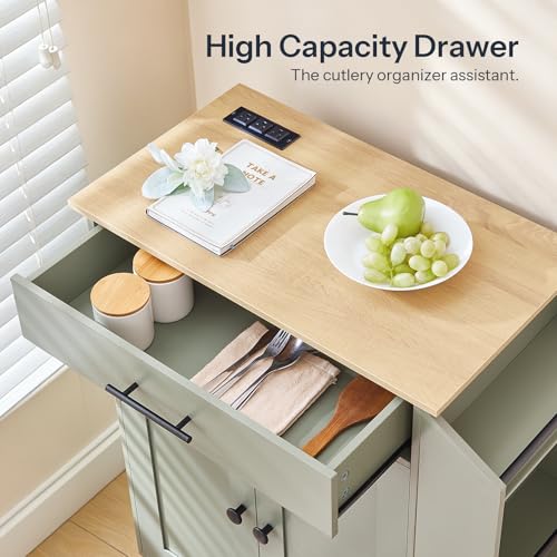HOOBRO Kitchen Island with Power Outlet, Storage Island with Spice Rack and Drawer, Rolling Kitchen Cart on Wheels, for Home, Dining Room, Natural and Green JN82UZD01G1 - color: Natural + Green