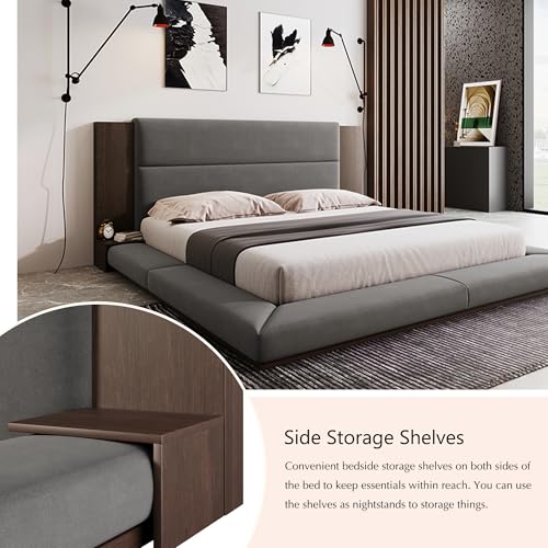 Velvet Upholstered Floor Platform Bed with Extended Wood Headboard & Bedside Shelves - No Box Spring Needed, Low Profile Bed Frame with Storage Space, Gray (King)