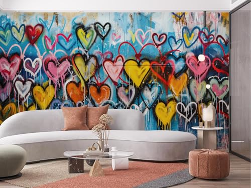 Blue Pink Graffiti Modern Abstract Colorful Heart Wall Mural Peel and Stick Art Wallpaper Self Adhesive Removable Mural Large Foil Wall Decor Print Picture - color: Ma-005, size: 75"x108"