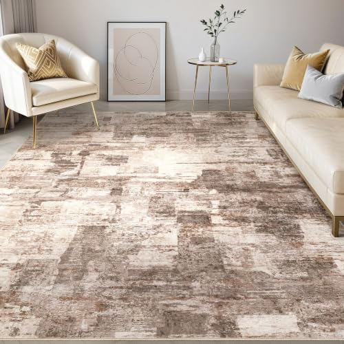 kakania Abstract 10x12 Area Rugs for Living Room: Washable Rugs Brown | Soft, Non-Slip, Low-Pile, Pet & Kid Friendly - Large Modern Home Decor Carpet for Bedroom/Dining Room/Office/Nursery - color: Brown, size: 10' x 12' (Rectangular)