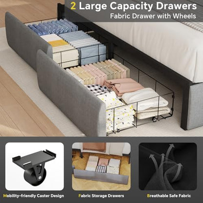 SADENICEL Full Size Bed Frame with 2 Storage Drawer, Full Bed Frame, Grey | Headboard with Charging Station and LED Lights, Metal Platform Bed with Storage Shelf, Noise Free, No Box Spring Needed - size: Full, style: 2 Storage Drawer