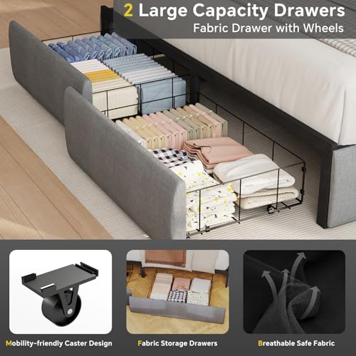 SADENICEL Queen Bed Frame with 2 Storage Drawer, Queen Size Bed Frame, Grey | Headboard with Charging Station and LED Lights, Metal Platform Bed with Storage Shelf, Noise Free, No Box Spring Needed - size: Queen, style: 2 Storage Drawer