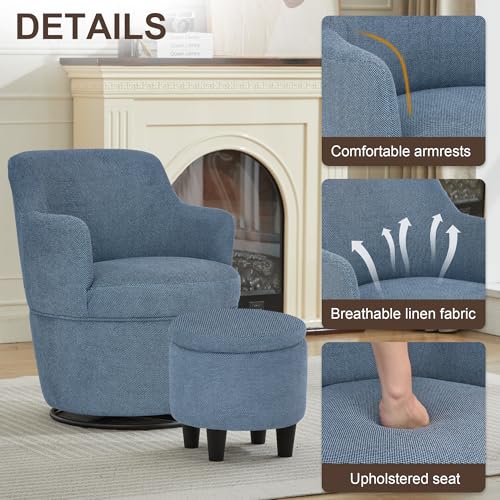 LOULENS Swivel Accent Chair with Storage Ottoman, Blue | Linen, Small, Barrel, Reading Chair, Comfy Single Sofa, Armchair, For Living Room, Bedroom - color: Blue