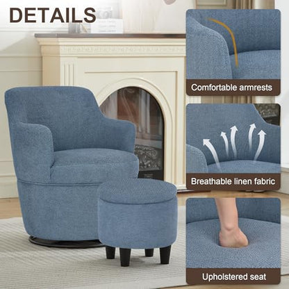 LOULENS Swivel Accent Chair with Storage Ottoman, Blue | Linen, Small, Barrel, Reading Chair, Comfy Single Sofa, Armchair, For Living Room, Bedroom - color: Blue