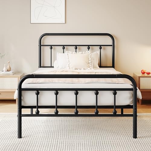 zunatu King Size Metal Bed Frame with Victorian Style Headboard and Footboard, Steel Slat Support Platform Bed, No Box Spring Needed, Under Bed Storage, Easy Assembly, Black - size: Twin