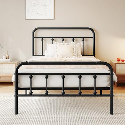 zunatu King Size Metal Bed Frame with Victorian Style Headboard and Footboard, Steel Slat Support Platform Bed, No Box Spring Needed, Under Bed Storage, Easy Assembly, Black - size: Twin
