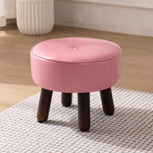 Small Foot Stool Round Pouf Ottoman, Leather Foot Rest with Rubber Legs | 13'' Leather Footrest with Non-Skid, Foolstool Ottomans for Couch, Sofa Step Stool for Living Room Bedroom Entryway, Pink - color: Pink
