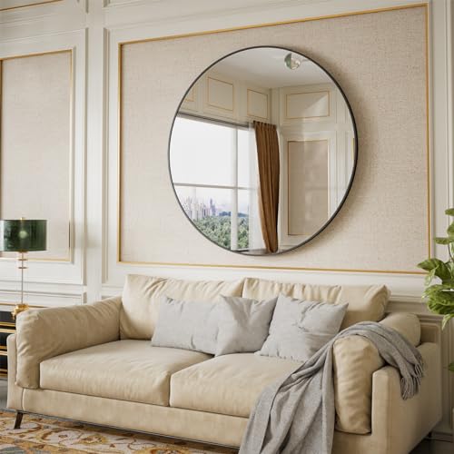 BEAUTYPEAK 42 Inch Round Mirror, Metal Frame Circle Mirror, Black | Wall Mounted for Entryway, Bathroom, Vanity, Living Room - color: Black, size: 42"L x 42"W