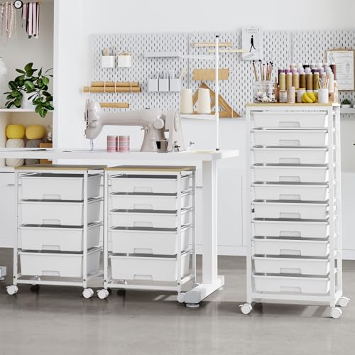 Sykiariol Rolling Cart with Drawers,White | 10 Drawer Rolling Cart for Craft Storage,Storage Cart with Lockable Wheels and Wooden Tabletop for Classroom,Office - color: white