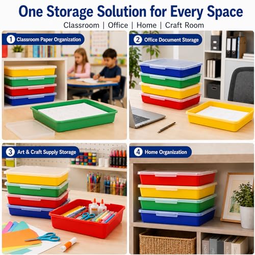 Flat Storage Bins with Lids, Letter Size Paper Storage Bins Set of 4, Stackable Classroom Turn In Bins with Secure Latching Lid, Plastic Storage Organizer for Teachers, Office & Home