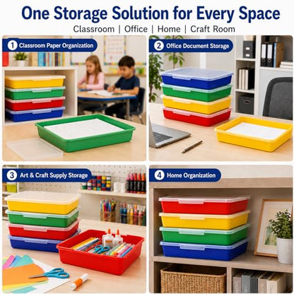 Flat Storage Bins with Lids, Letter Size Paper Storage Bins Set of 4, Stackable Classroom Turn In Bins with Secure Latching Lid, Plastic Storage Organizer for Teachers, Office & Home