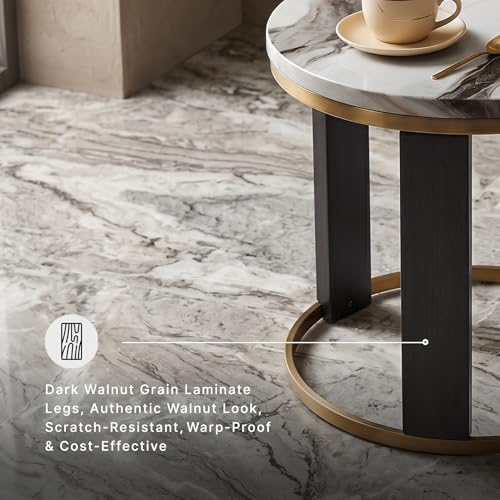 Signature Design by Ashley Jazmore End Table, 24 Inch Round Faux Marble Accent Side Table with Antiqued Brass Finished Metal Frame and Replicated Walnut Wood Legs, White & Black - color: Brown/Brass Finish