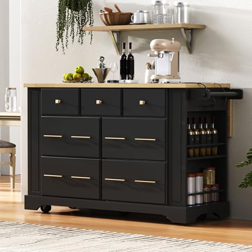Merax 51.2" Rolling Kitchen Island with Storage (Black) | Pull Out Trash Can Storage, 6 Drawers, with Drop Leaf, Power Outlet, 5 Wheels, 5 Open Side Racks, for Kitchen Dining Room
