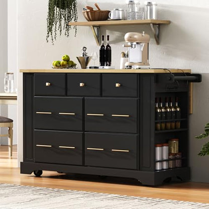 Merax 51.2" Rolling Kitchen Island with Storage (Black) | Pull Out Trash Can Storage, 6 Drawers, with Drop Leaf, Power Outlet, 5 Wheels, 5 Open Side Racks, for Kitchen Dining Room