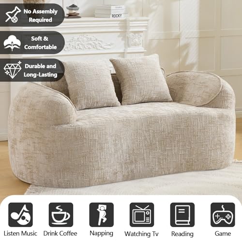 67" Curved Loveseat Sofa with 2 Pillows, Modern Boneless Couch in a Box, Small Cloud Loveseat for Bedroom Small Space Apartment Living Room, Memory Foam, Chenille, No Assembly (Light Khaki) - color: Light Khaki
