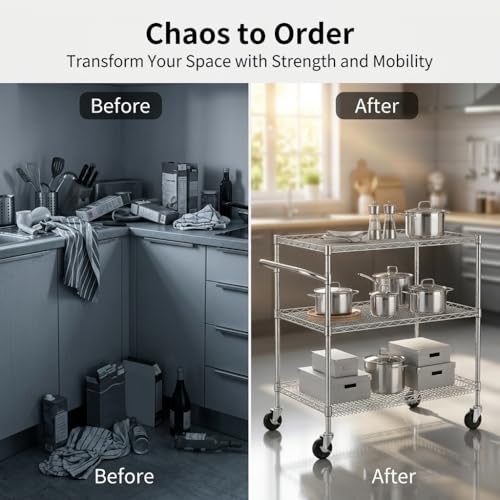 Finnhomy 3 Tier Heavy Duty Commercial Grade Utility Cart, Wire Rolling Cart with Pushing Handle Bar, Steel Metal Kitchen Service Trolly with Wheels, Shelf Size 18" D x 36" W, NSF, Chrome - size: 36"L x 18"W x 35.4"H-3 Tier, style: Chrome Cart