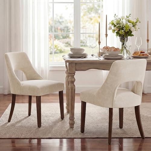 UVV Wooden Dining Chairs Set of 4, Mid Century Modern Fabric Upholstered Dining Room Chair Kitchen Chairs, Farmhouse Dinner Chair with Solid Wood Legs for Kitchen Dining Room, Beige - color: Beige, size: Set of 4