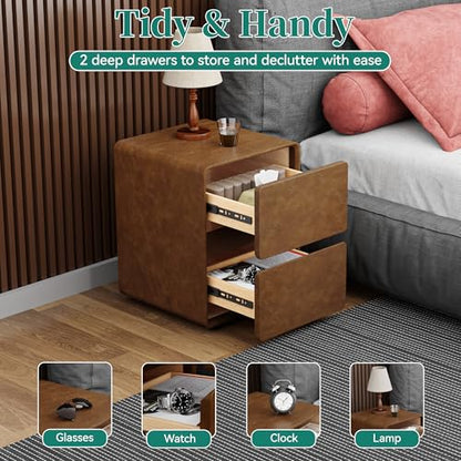 15.8" W Faux Leather Narrow Nightstand, Modern Fully-Assembled Bedside Table with 2 Drawers, Wood Night Stand Small Accent End Table & Side Table for Bedroom, Brown - color: Brown, size: 16in