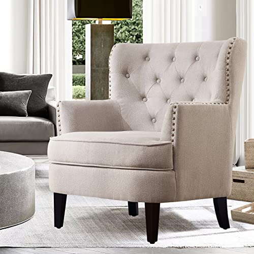 Rosevara Atlas Mid-Century Modern Accent Chair - Upholstered Tufted Armchair with Soft Cushion for Living Room, Bedroom & Small Spaces - color: Velvet Natural Beige