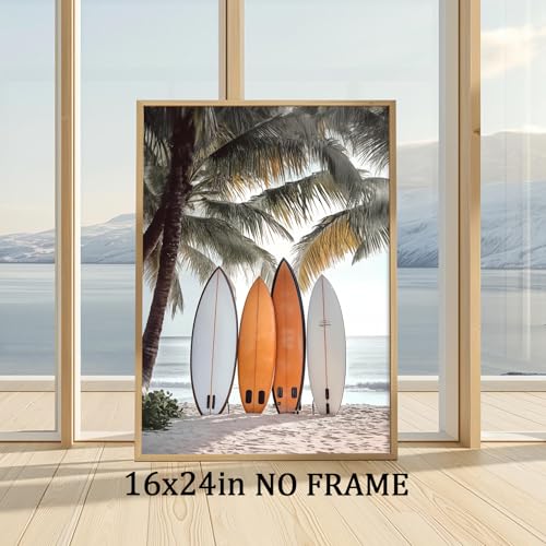Surfboard Ocean Art Neutral Coastal Pictures Ocean Beach Scene Picture Palm Tree Artwork Coastal Boho Prints Summer Landscape Canvas Surf Beach Prints Seaside Paintings for Home Room 16x24in Frameless - color: B1Unframed