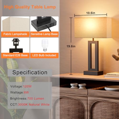 19.6" Touch Lamps for Nightstand, 3 Way Dimmable Bedroom Lamp, USB C+A | Touch Control, LED Bulb Included, Lamp with Charging Station, Bedside, Fabric Lampshade, Easy Assembly - color: A. Beige&Black, size: Medium(19.6in)