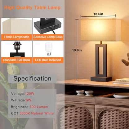 19.6" Touch Lamps for Nightstand, 3 Way Dimmable Bedroom Lamp, USB C+A | Touch Control, LED Bulb Included, Lamp with Charging Station, Bedside, Fabric Lampshade, Easy Assembly - color: A. Beige&Black, size: Medium(19.6in)