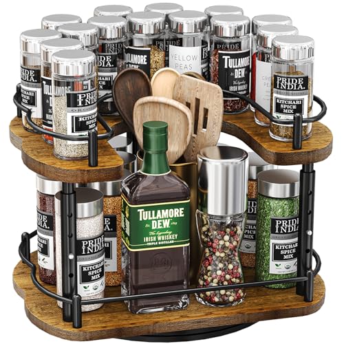 SNTD Lazy Susan Spice Rack Organizer for Cabinet, Wood, Vintage, 12 in | Rotating Turntable, Height Adjustable, Space-Saving D-Shape Design, Revolving Spice Storage for Kitchen Countertop Pantry - color: Vintage, size: 12 Inch