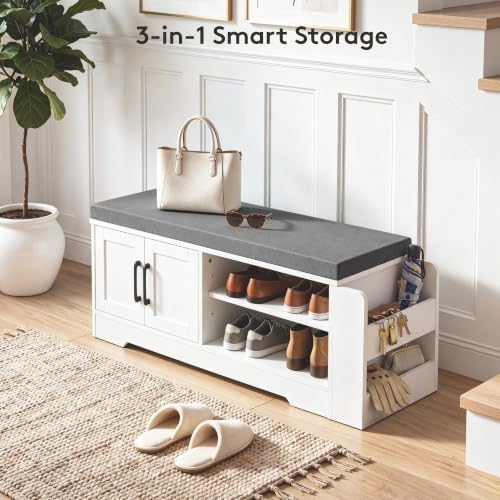 Farmhouse Shoe Storage Bench with 3-in-1 Entryway Storage & Padded Seat | 39.6" Wide Entryway Bench with Adjustable Shelves, Shoe Organizer & Side Storage Rack for Living Room, Bedroom, White - size: 39.6" Wide