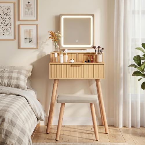 Small Vanity Desk with Lights Mirror, Compact Makeup Vanity Table with Stool, Fluted Wood Vanity with Power Outlet, 3 Color Adjustable LED, Large Drawers, Modern Dressing Table for Bedroom