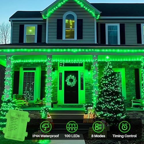 Green Battery Operated Christmas Lights, 34.1FT 100 LED St. Patrick's Day String Christmas Tree Lights with 8 Modes, Xmas Decorations for Indoor Outdoor Yard Wedding Home Decor - color: Green, size: 100 LED