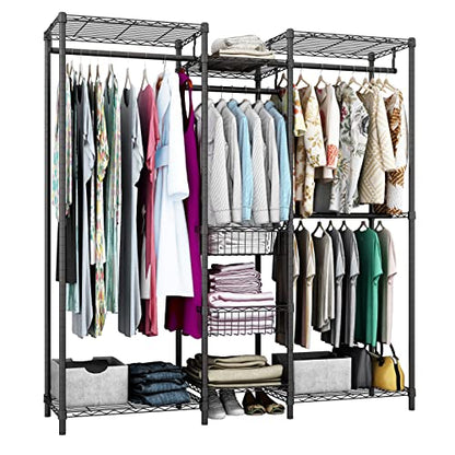 Xiofio Freestanding Heavy Duty Clothes Rack, Wire Clothing Rack with Hanging Rod,Adjustable Shelves & 2 Slid Fixed Baskets,60.7" L x 15.7" W x 75.6" H Max Load 720LBS,Black. - color: Black