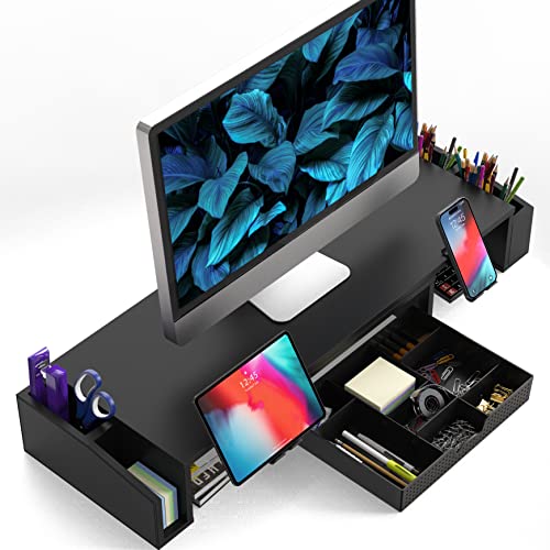 Simple Houseware Desk Dual Monitor Stand Riser with Drawer, Black | Customizable Organizer Tray, Built-In Phone & Tablet Slot and Side Storage - color: Black
