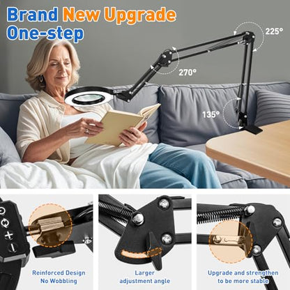 Ultra Long 3-Section Swing Arm 12X 30X Magnifying Glass with Light | 4-Way Large Metal Clamp, 5 Color Modes LEDs, 35.2Inch Lighted Magnifier Lamp for Workbench Crafting Hobby Soldering Reading