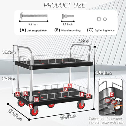 Utility Service Cart 2 Shelf - 880lbs Capacity Heavy-Duty Plastic Rolling Utility Carts with 5 of 360° Swivel Wheels and Handle, Large Service Cart for Groceries, Warehouse,Garage 43.5''x25.6'' - color: 880lbs
