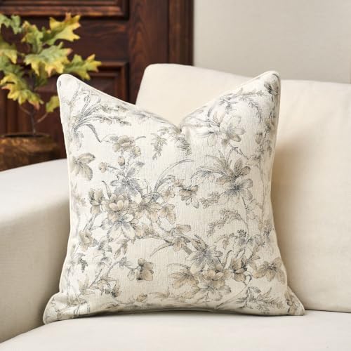 Vintage Floral Pillow Cover 18 x18 Inches, Nature Chenille Square Throw Pillow Cover Soft Luxury Neutral Accent Couch Pillow Cover for Living Room Bedroom, Beige - color: Beige, size: 18" x 18" (Pack of 1)