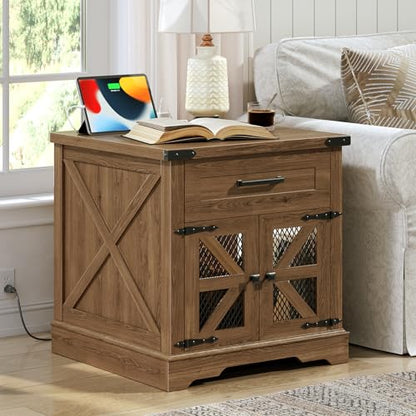 Walnut Farmhouse End Table with Charging Station, 24" Large Sofa Side Table with Drawer, Large End Table for Living Room, Wooden Nightstand with Outlet, Square, Walnut - color: Walnut
