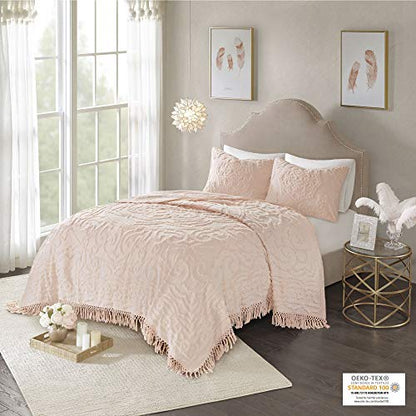 Madison Park Laetitia Lightweight 100% Cotton Quilt Set, Breathable Chenille Tufted, Shabby Chic Boho Medallion Design, Sham, Floral Blush w/ Tassels, Full/Queen (90 in x 90 in) 3 Piece | Lightweight Bedding Set, Shabby Chic, Boho, Medallion, Floral, Mach